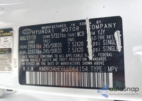 2020 Hyundai Palisade Sel z USA, uszkodzony, nr VIN KM8R34HE6LU064154